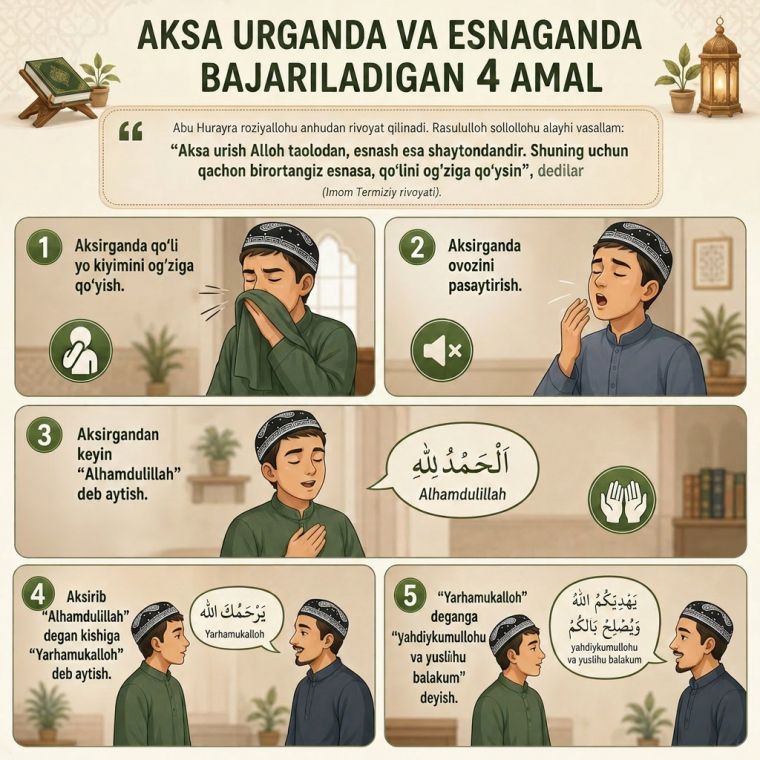 Aksa urganda va esnaganda bajariladigan 4 amal