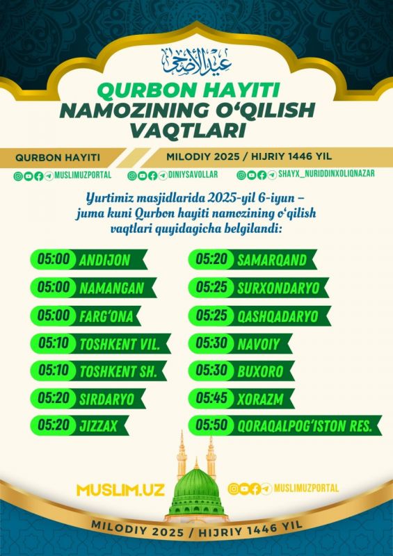 Qurbon hayiti namozini o‘qish vaqtlari