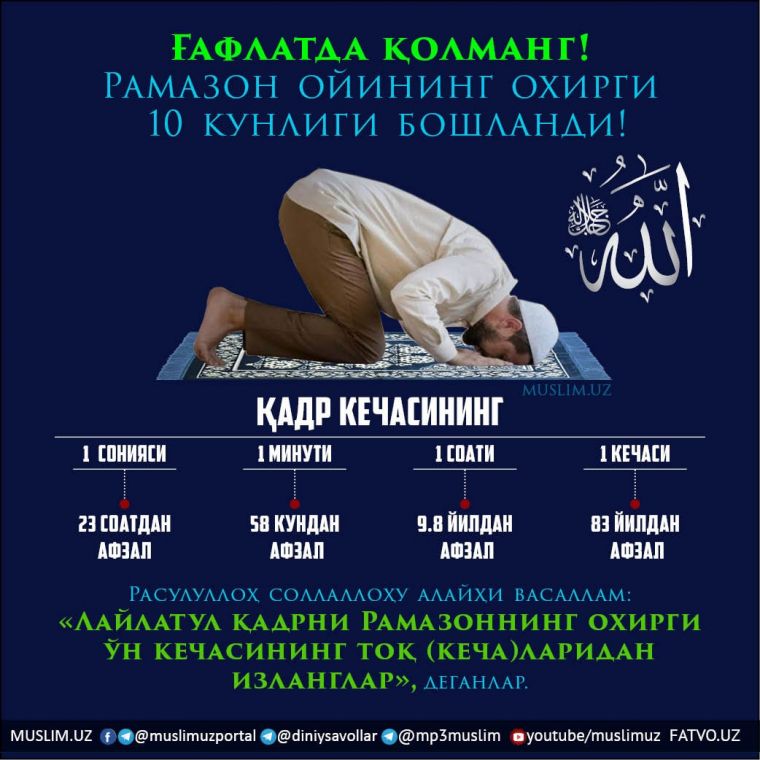 ҒАФЛАТДА ҚОЛМАНГ!  РАМАЗОН ОЙИНИНГ ОХИРГИ 10 КУНЛИГИ БОШЛАНДИ!