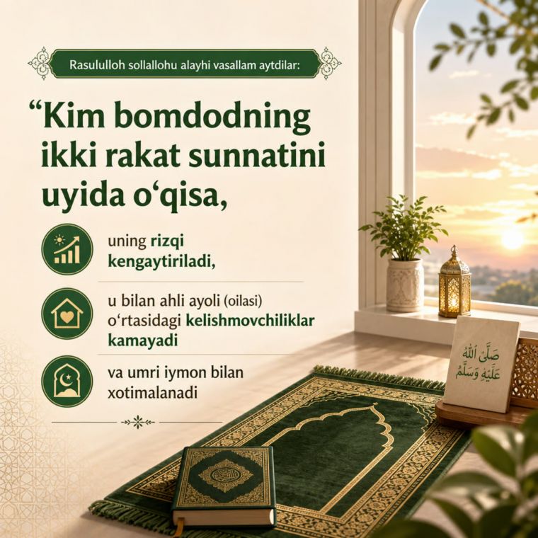 Bomdodning sunnatini uyda o‘qisa bo‘ladimi?
