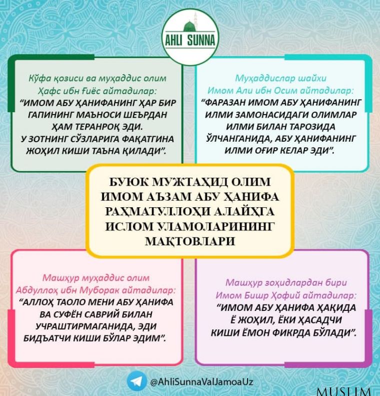 Имом Аъзам раҳматуллоҳи алайҳга ислом уламоларининг мақтовлари (инфографика)