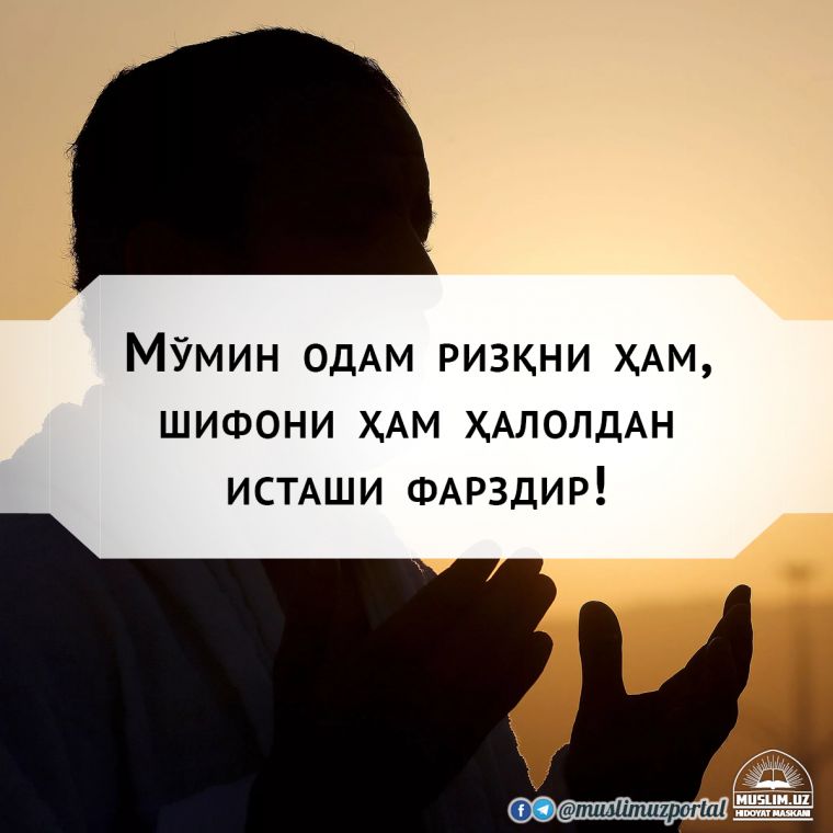 Нишонга урилган гаплар: “Мўмин одам ризқни ҳам, шифони ҳам ҳалолдан исташи фарздир!”